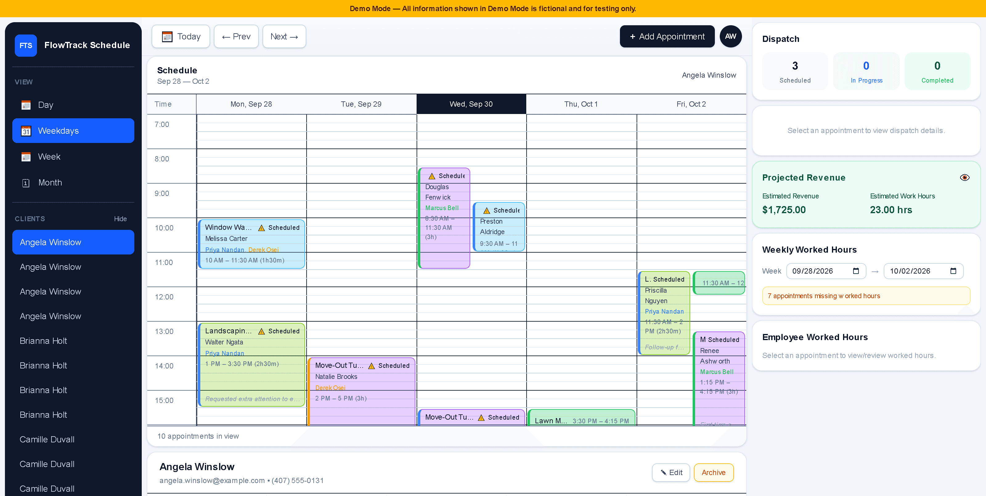 Schedule FlowTrack weekly dashboard, showing real appointments, client details, and dispatch status